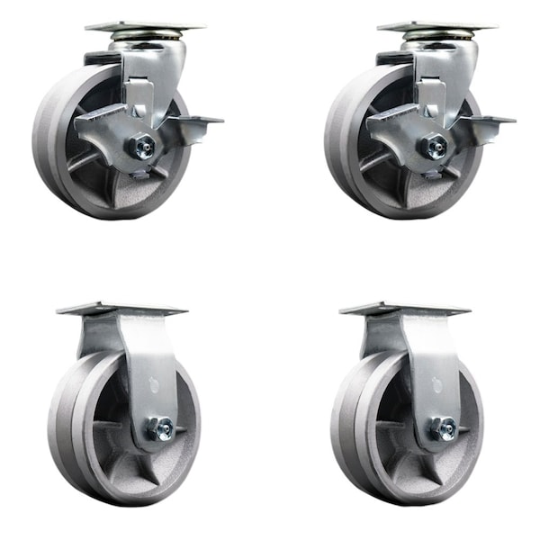 5'' V-Groove Semi Steel Caster Set with Bronze Bearings 2 Brakes 2 Rigid, 4PK